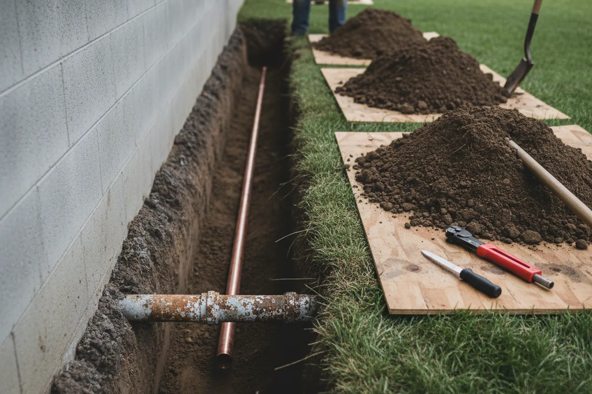 Excavated water line trench during Water Softener Installation in East Durham